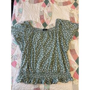 Alyx Womens XL Sage Green Polka Dot Smocked Hem Ruffle Blouse Flutter Sleeve Top